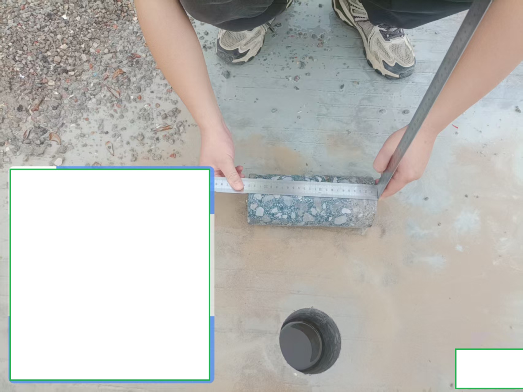 On-site witness inspection and physical measurement of an extracted concrete pavement core sample. Demonstrating a strict drawing compliance audit with an actual thickness of 230mm against the 220mm design blueprint requirement to ensure zero structural deviations.